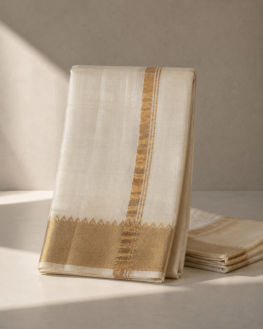 Classic Off-White Mangalagiri Silk Cotton Veshti Set with Gold Zari Border