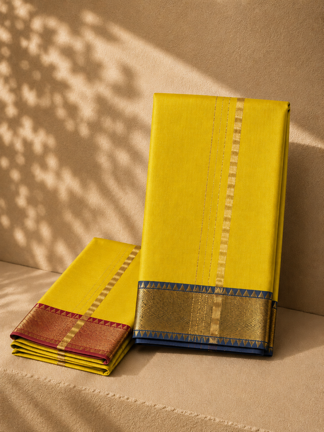 Muted Yellow Mangalagiri Silk Cotton Veshti Set with Blue and Red Gold Zari Border