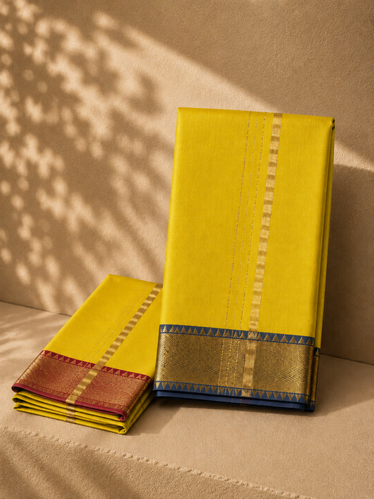 Muted Yellow Mangalagiri Silk Cotton Veshti Set with Blue and Red Gold Zari Border