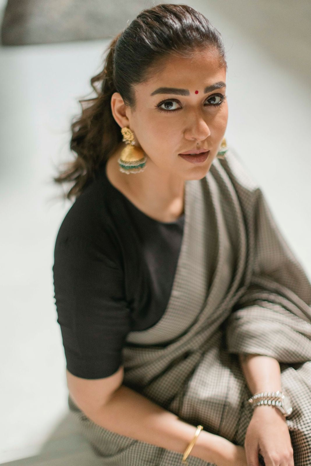 Black and White Micro-Check Silk Saree with Gold Zari Pallu