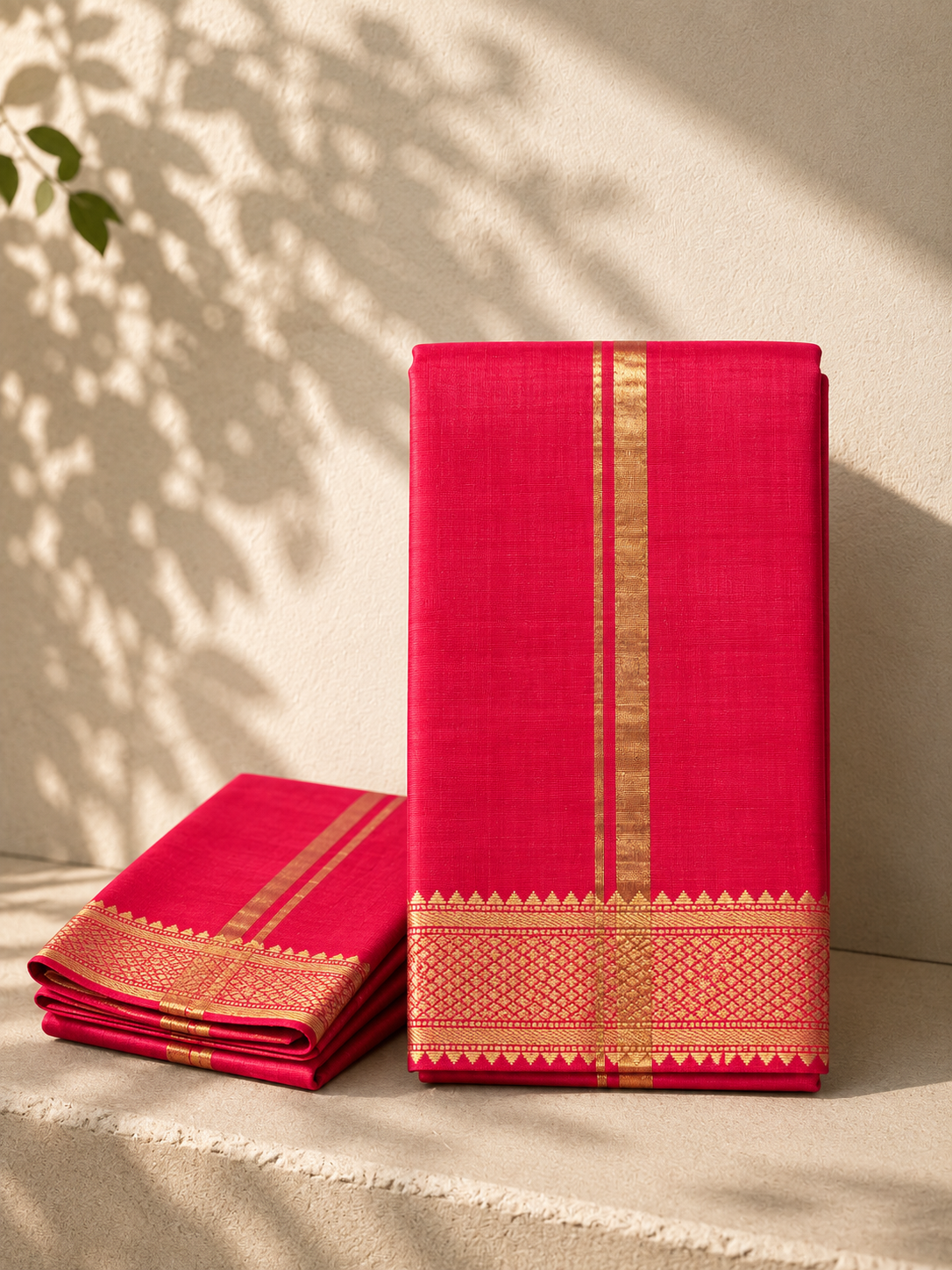 Red Mangalagiri Silk Cotton Vesti Set with Gold Border