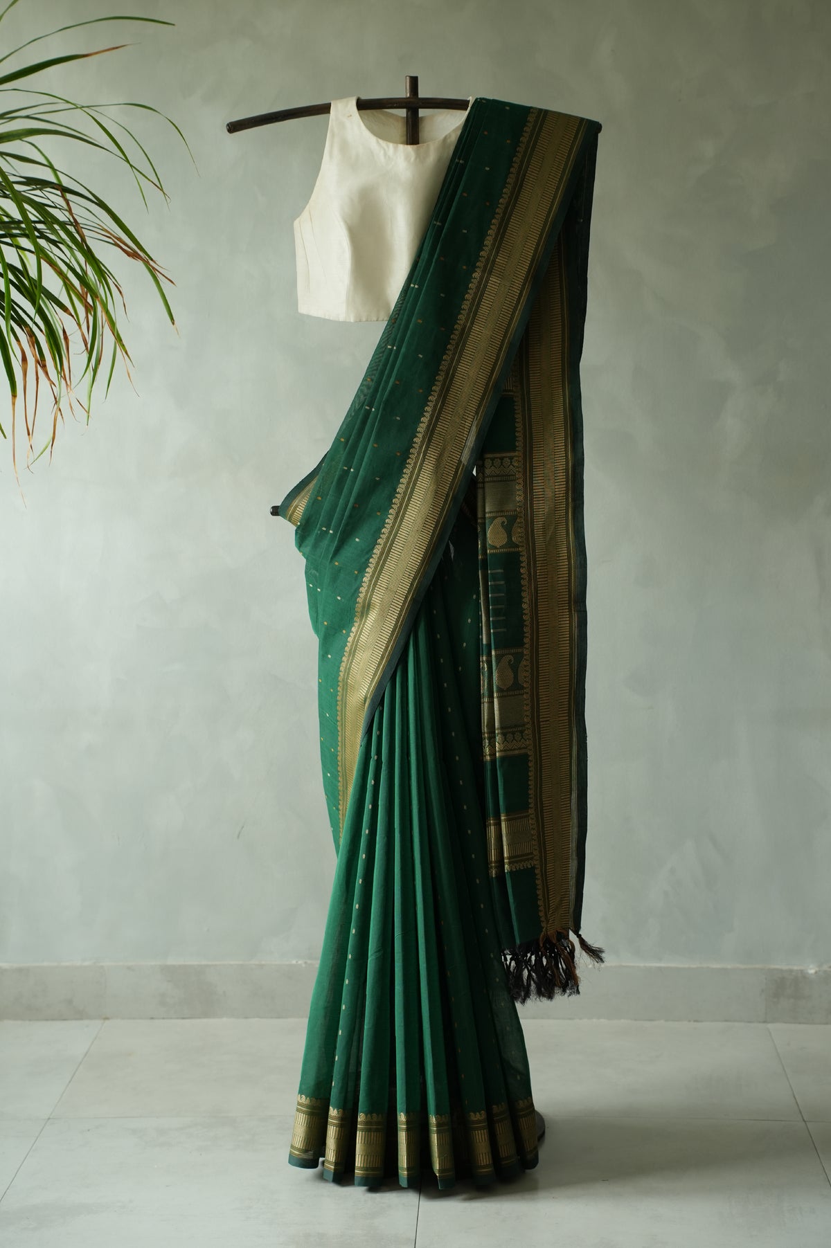 Emerald Green Kanchi Cotton with Beige Threadwork Border Saree