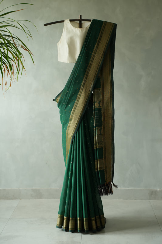 Emerald Green Kanchi Cotton with Beige Threadwork Border Saree