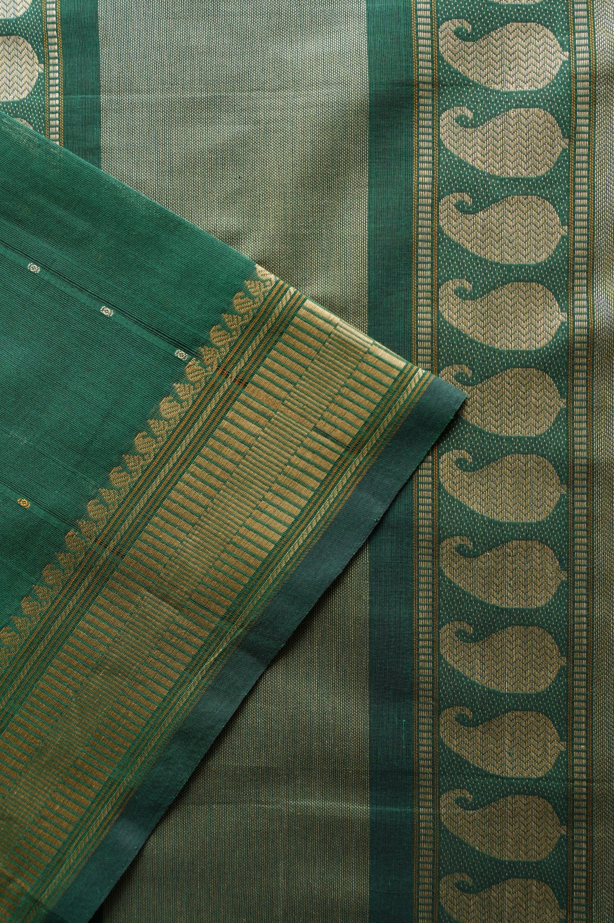 Emerald Green Kanchi Cotton with Beige Threadwork Border Saree