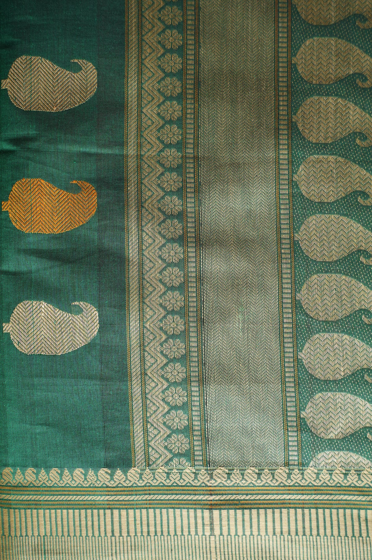 Emerald Green Kanchi Cotton with Beige Threadwork Border Saree