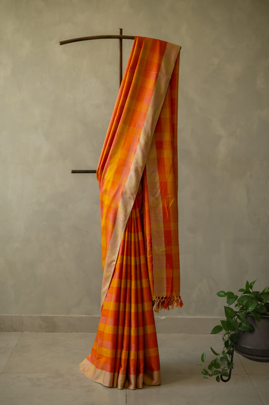 Mustard and Orange All Over Checks  Eri Silk with Gold Border Saree