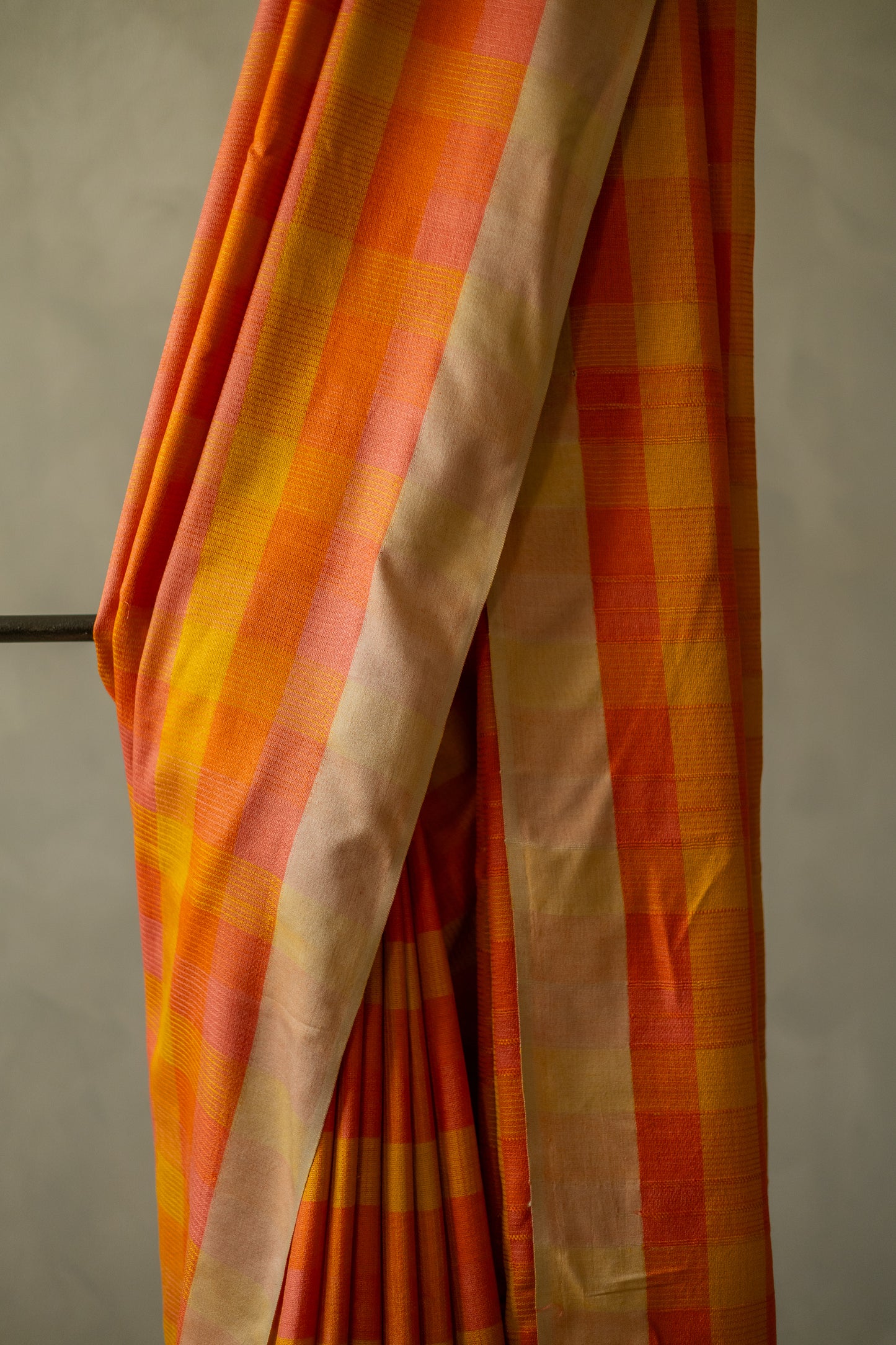 Mustard and Orange All Over Checks  Eri Silk with Gold Border Saree