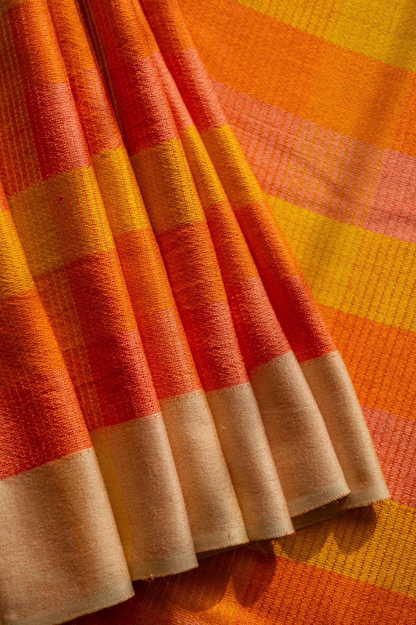 Mustard and Orange All Over Checks  Eri Silk with Gold Border Saree
