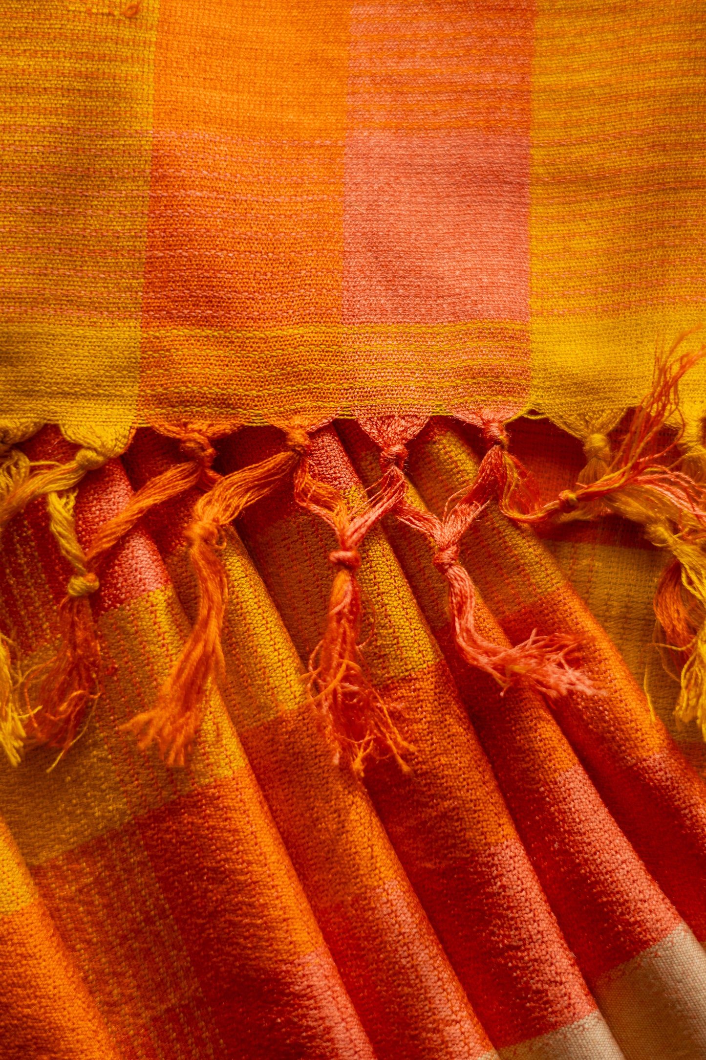 Mustard and Orange All Over Checks  Eri Silk with Gold Border Saree