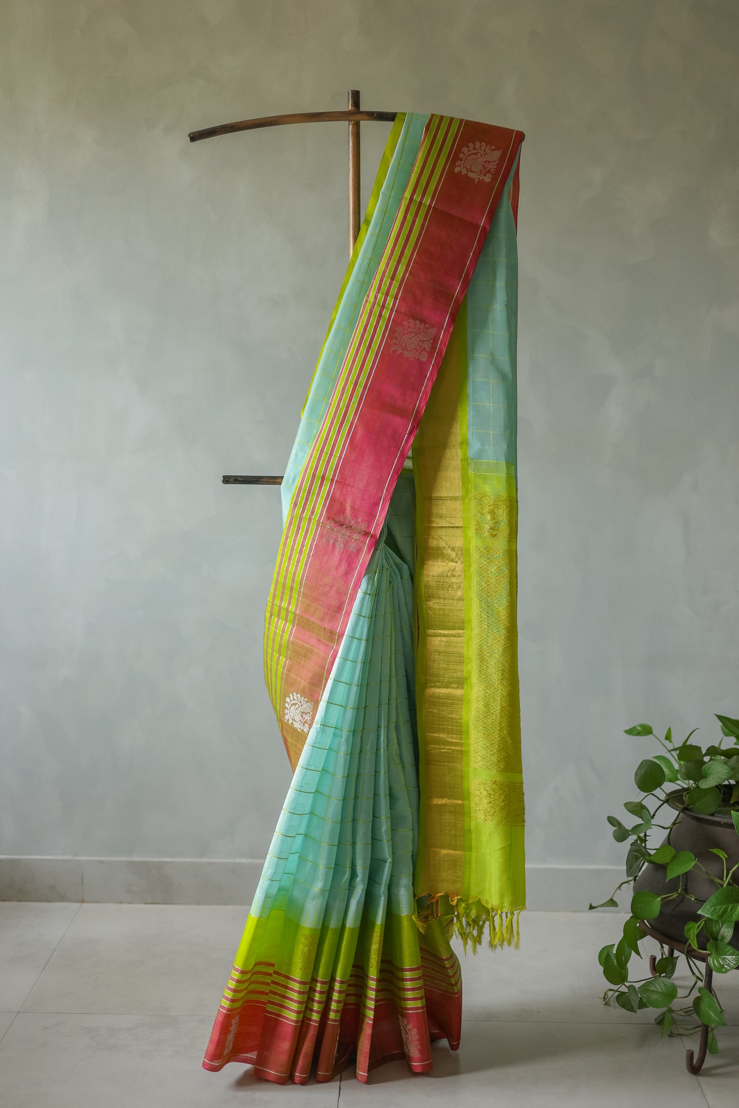 Sea Blue with Multi Colour Border Gadwal Silk Cotton Saree
