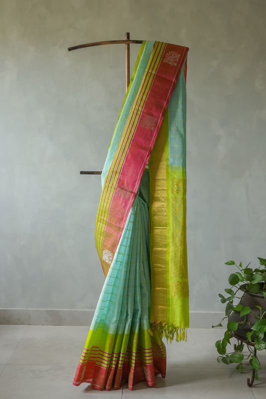 Sea Blue with Multi Colour Border Gadwal Silk Cotton Saree