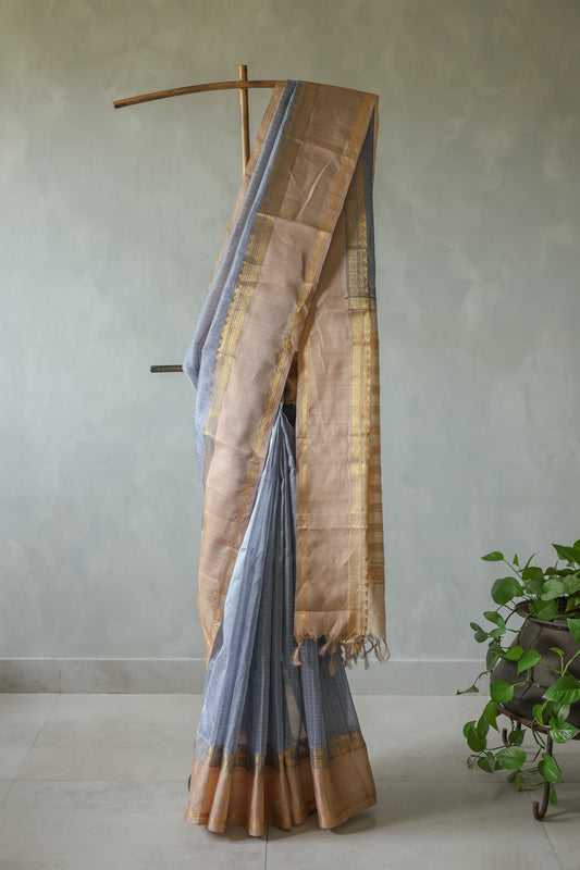 Grey and Brown Border Gadwal Silk Cotton Saree