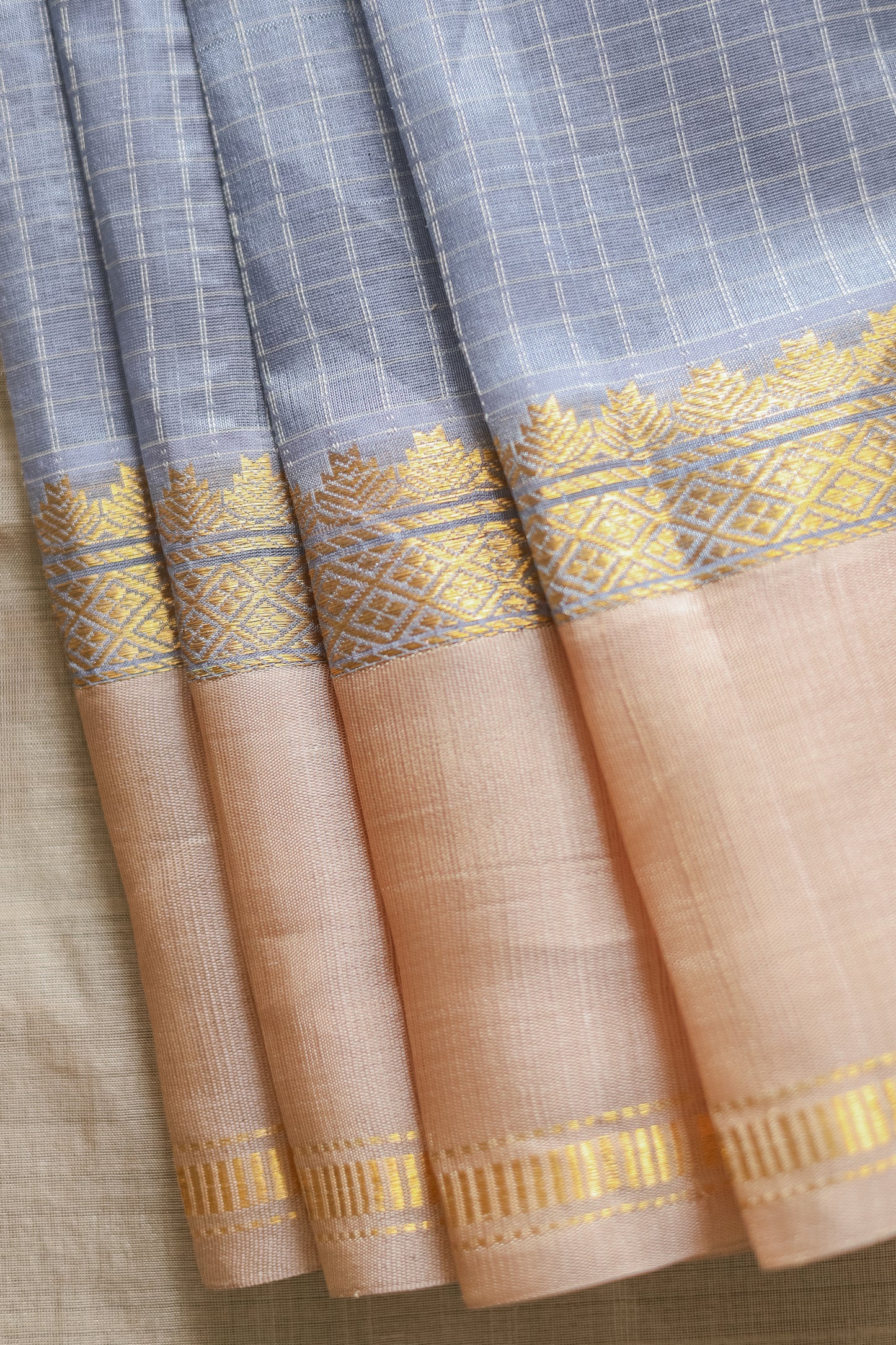 Grey and Brown Border Gadwal Silk Cotton Saree