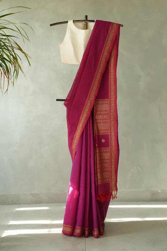Deep Pink Kanchi Cotton with Beige and Pink Border Saree