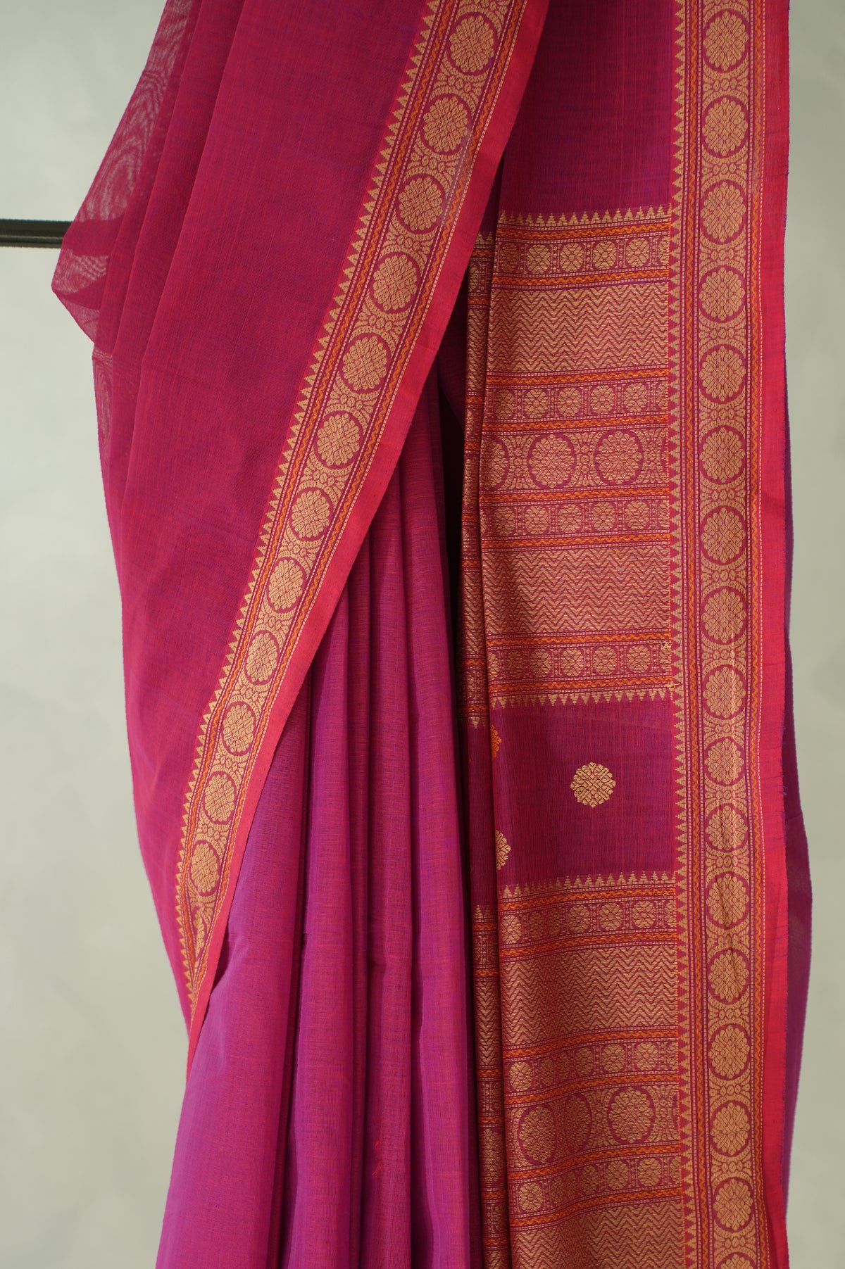 Deep Pink Kanchi Cotton with Beige and Pink Border Saree