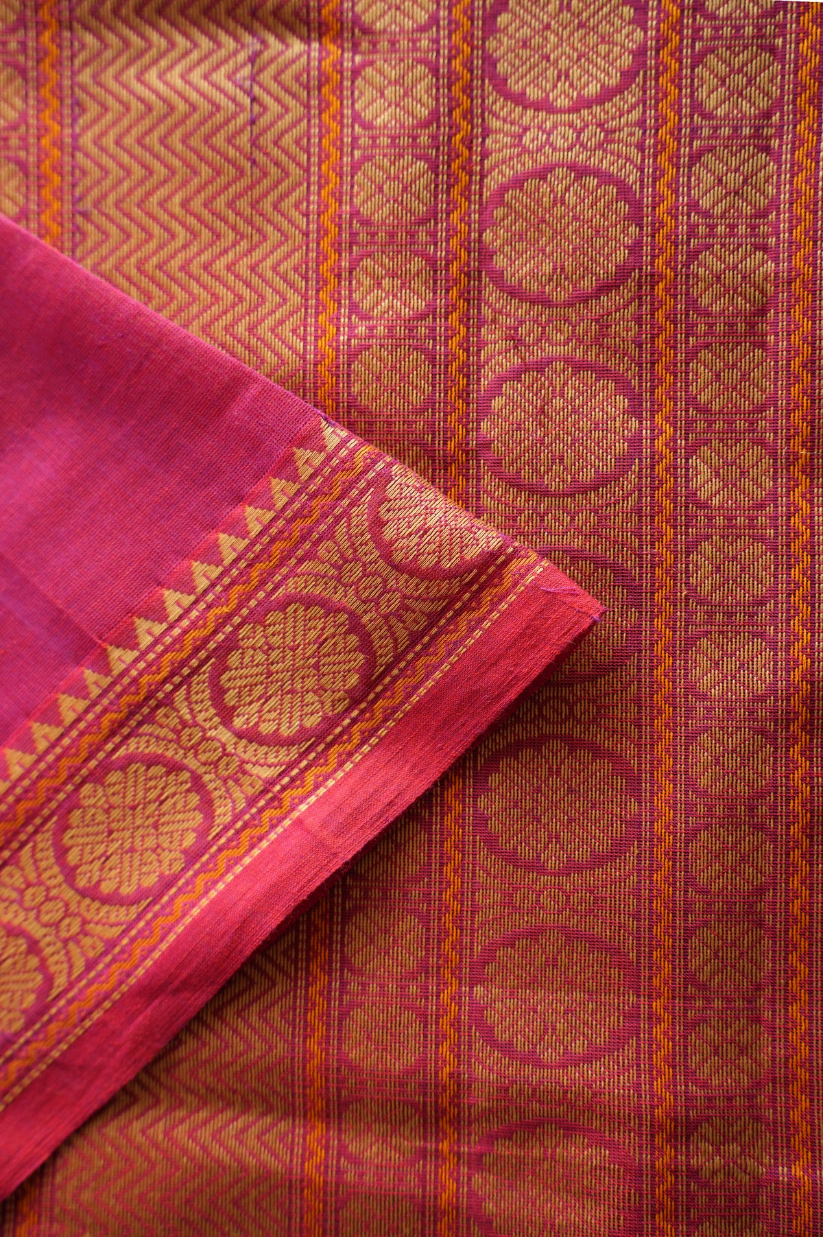 Deep Pink Kanchi Cotton with Beige and Pink Border Saree