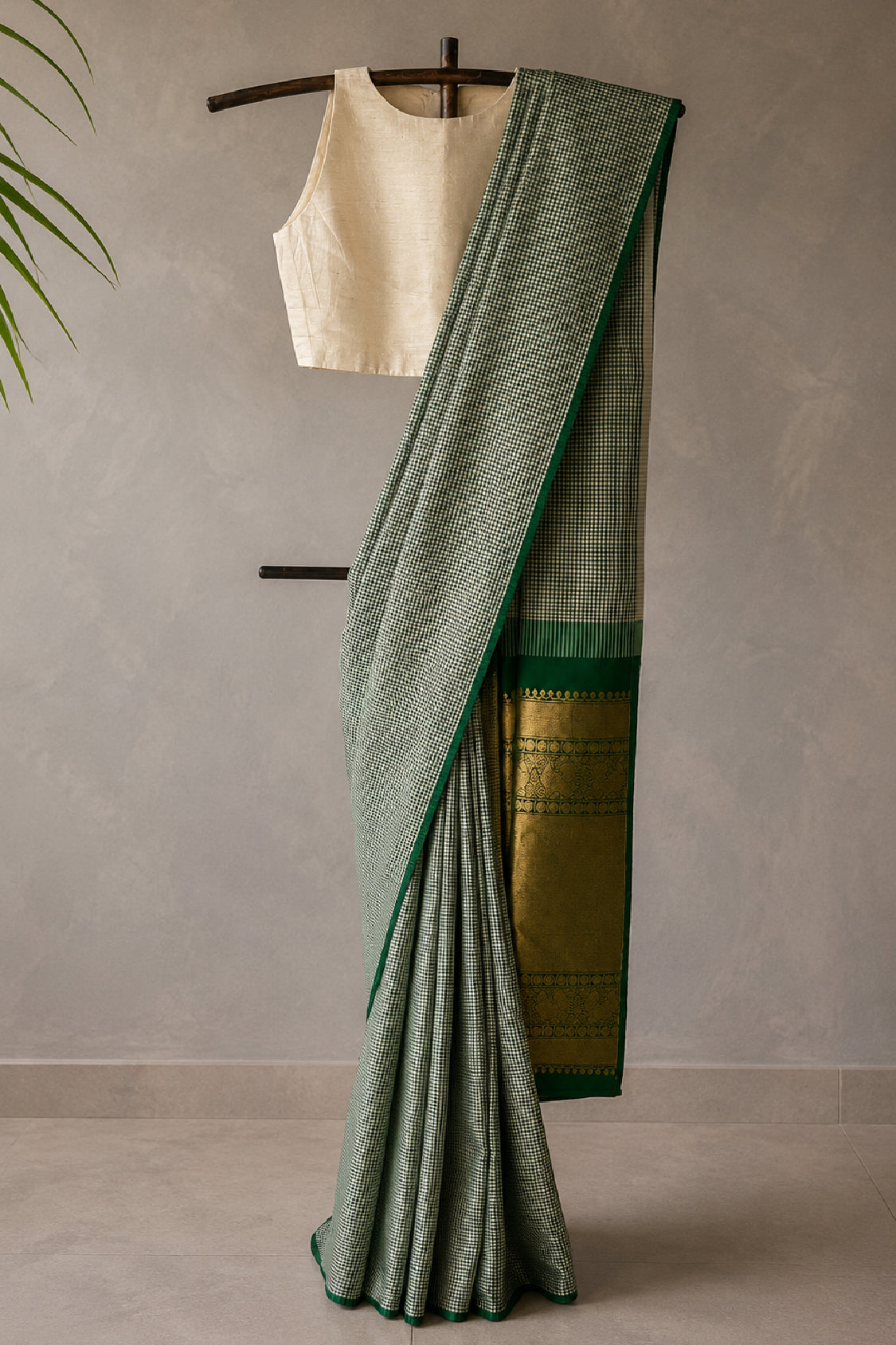Green and White Micro-Check Silk Saree with Gold Zari Pallu