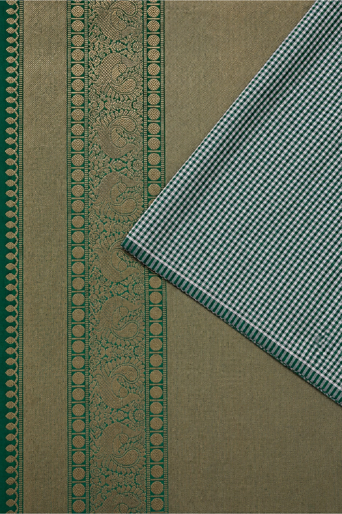 Green and White Micro-Check Silk Saree with Gold Zari Pallu