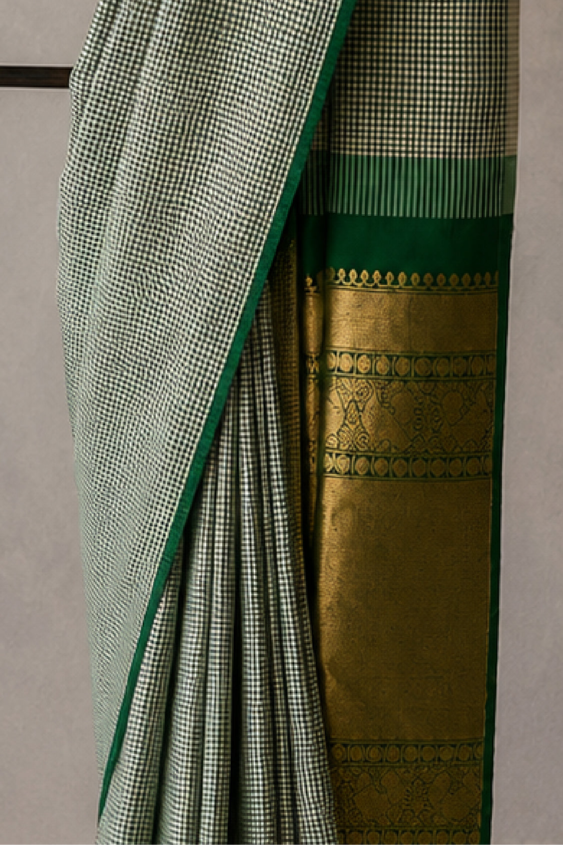 Green and White Micro-Check Silk Saree with Gold Zari Pallu