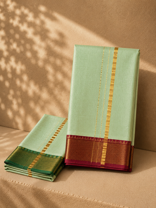 Mint Green Mangalagiri Silk Cotton Veshti Set with contrast Red and Green Gold Zari Border