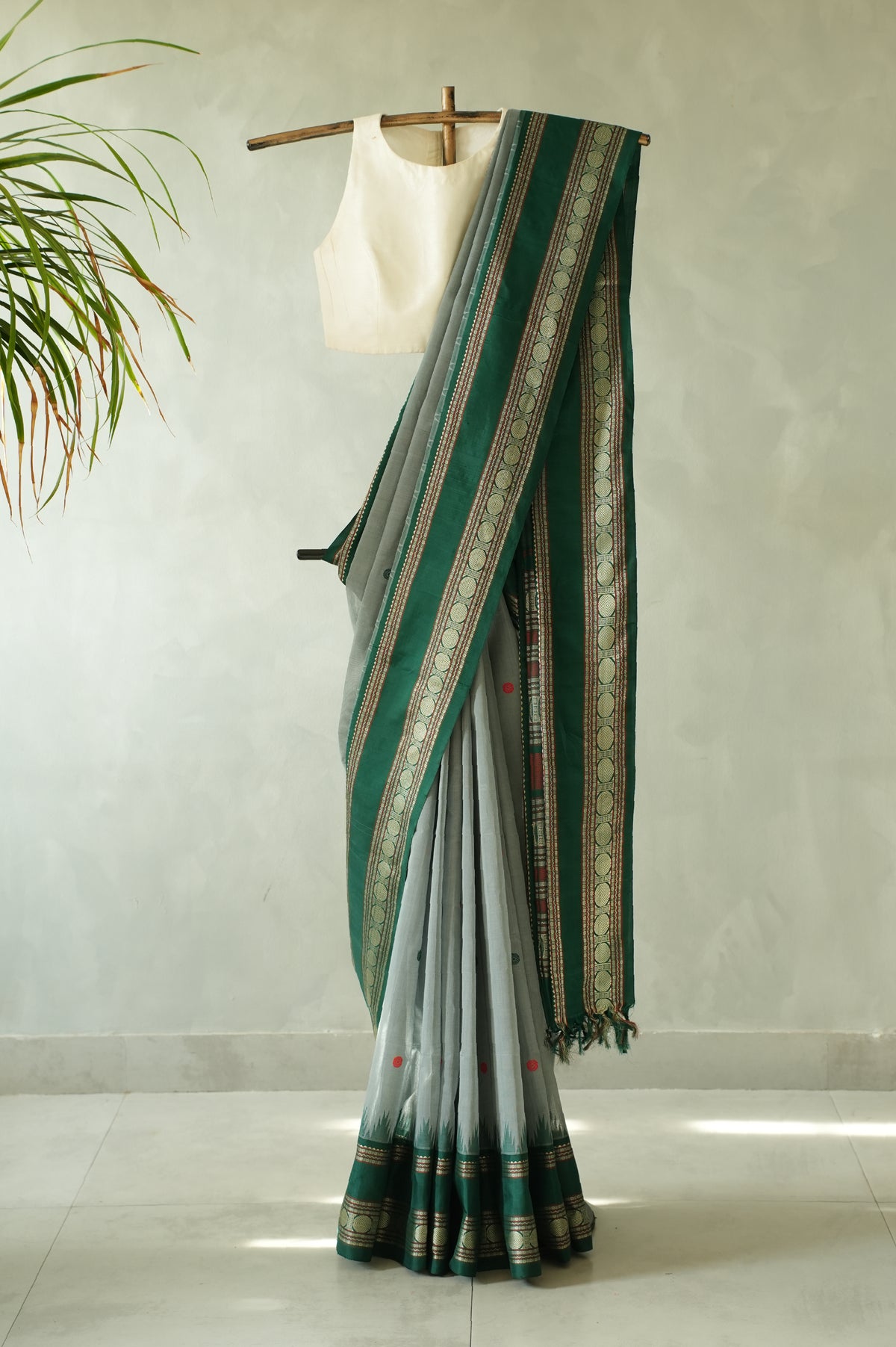 Grey Kanchi Cotton with Forest Green Silk Border Saree