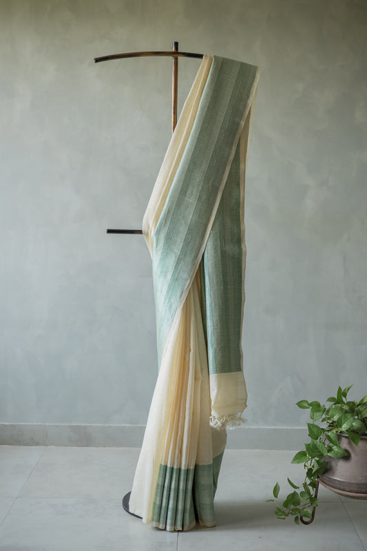 Off White Handspun Green Checks Border Saree
