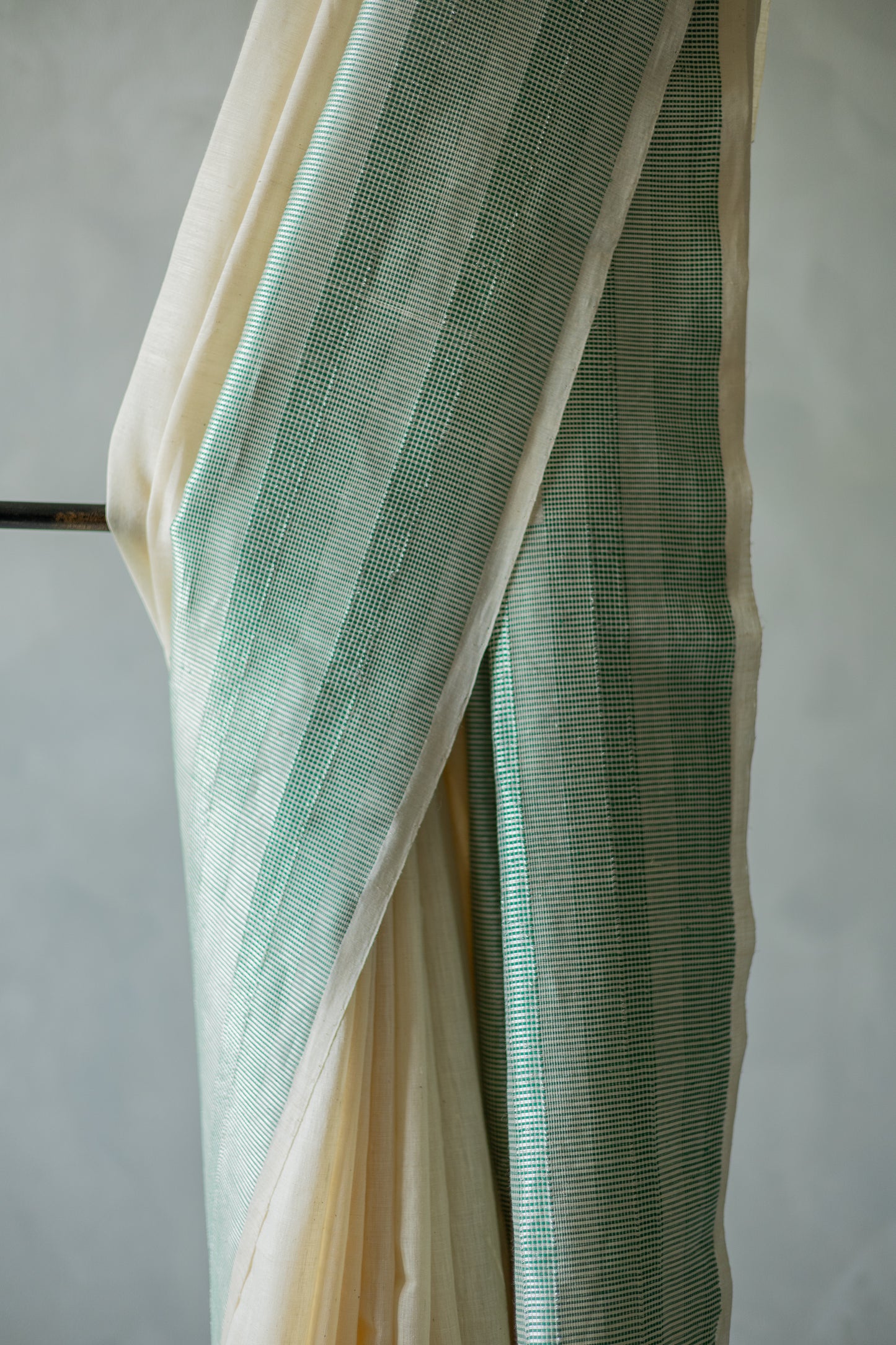 Off White Handspun Green Checks Border Saree