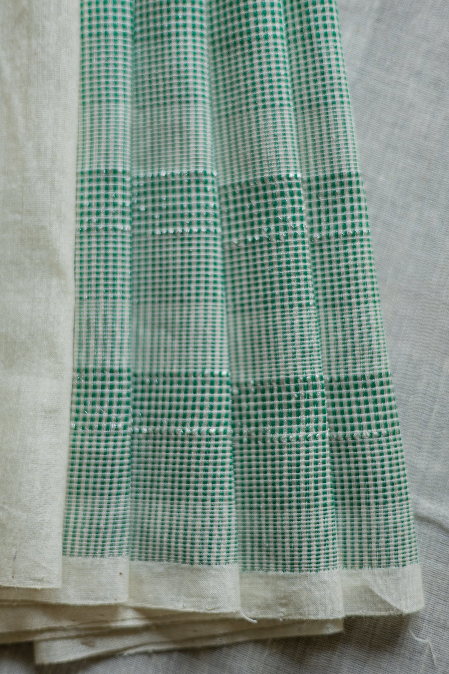 Off White Handspun Green Checks Border Saree