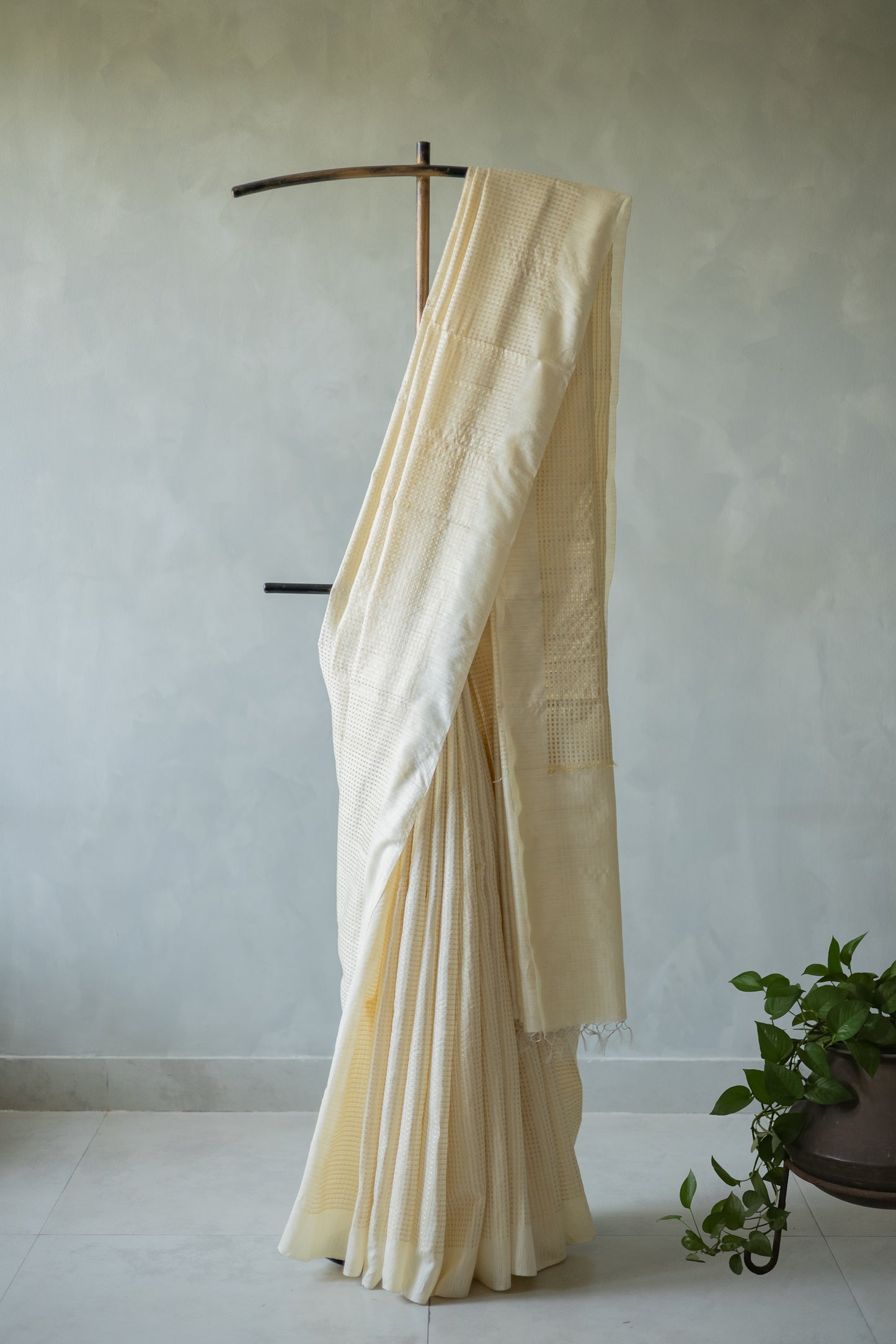 Off White Silk Cotton Handspun All Over Small Gold Checks Saree