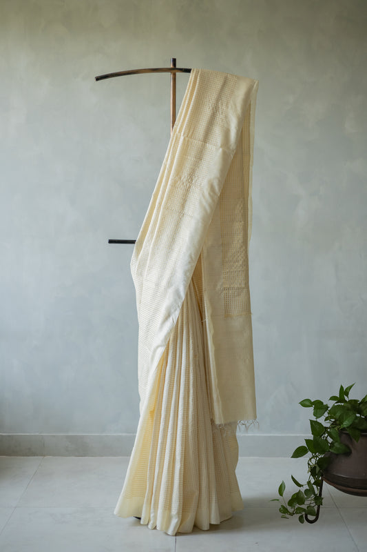 Off White Silk Cotton Handspun All Over Small Gold Checks Saree