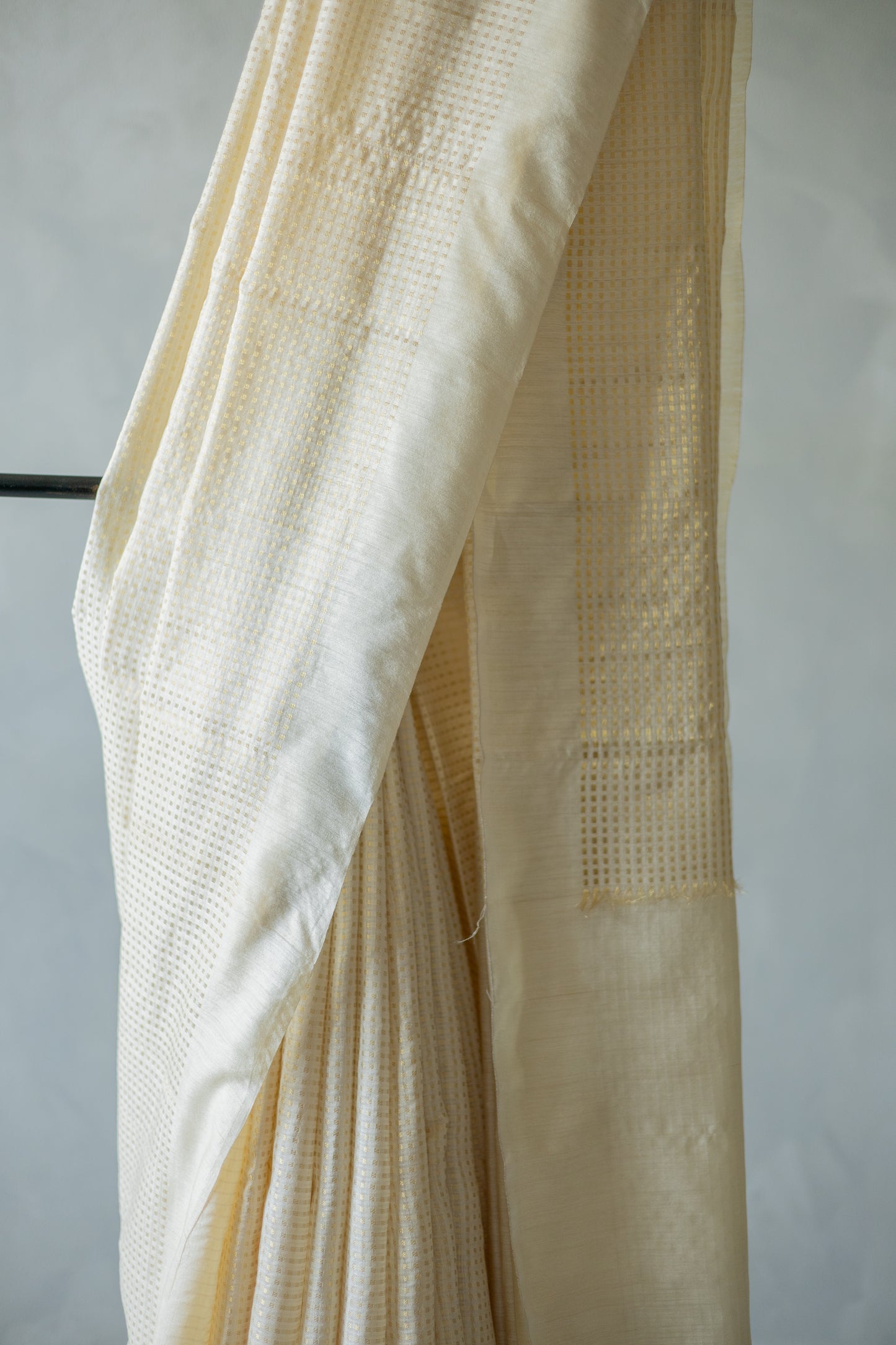Off White Silk Cotton Handspun All Over Small Gold Checks Saree