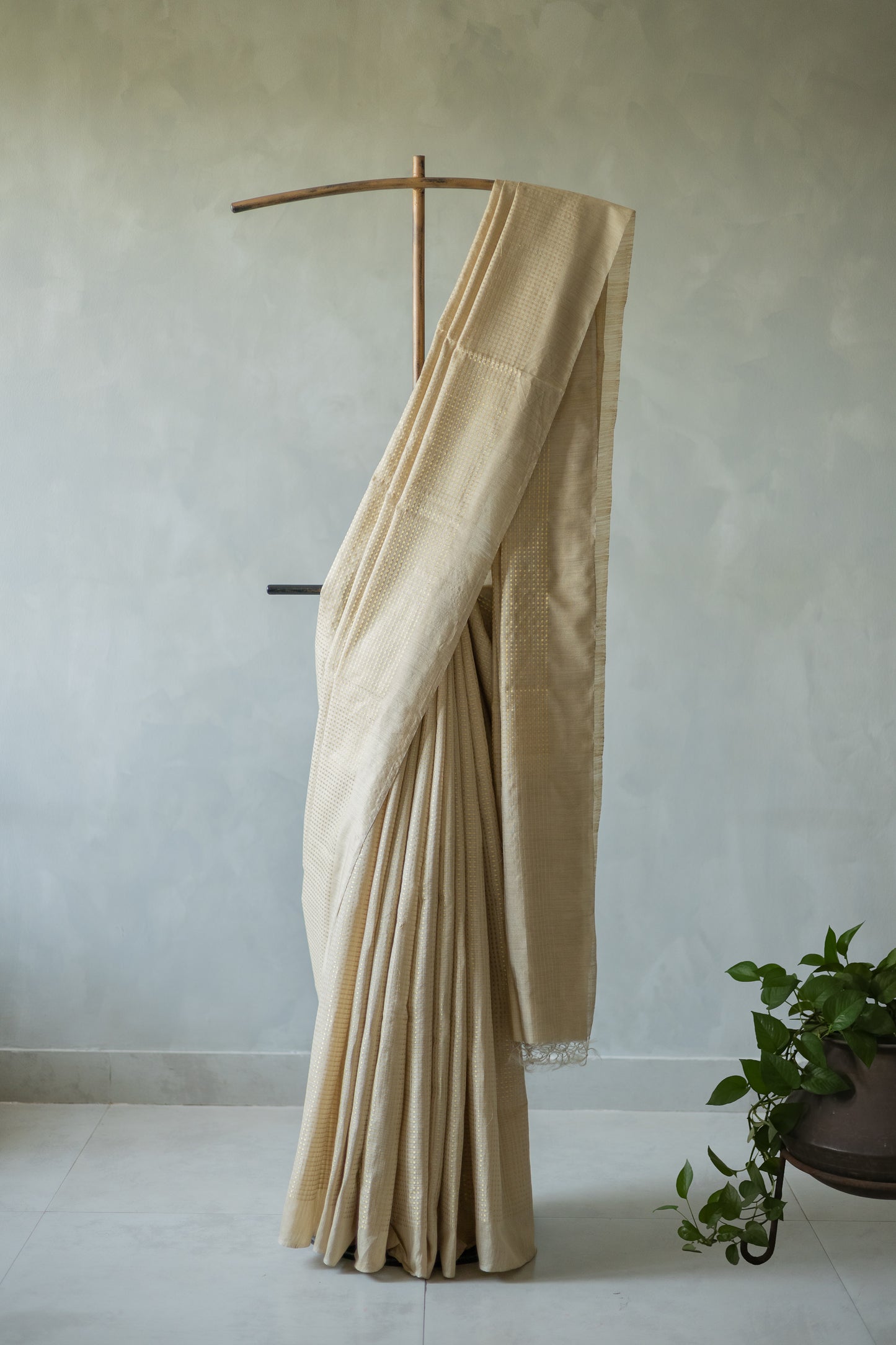 Light Brown Silk Cotton Handspun All Over Small Gold Checks Saree
