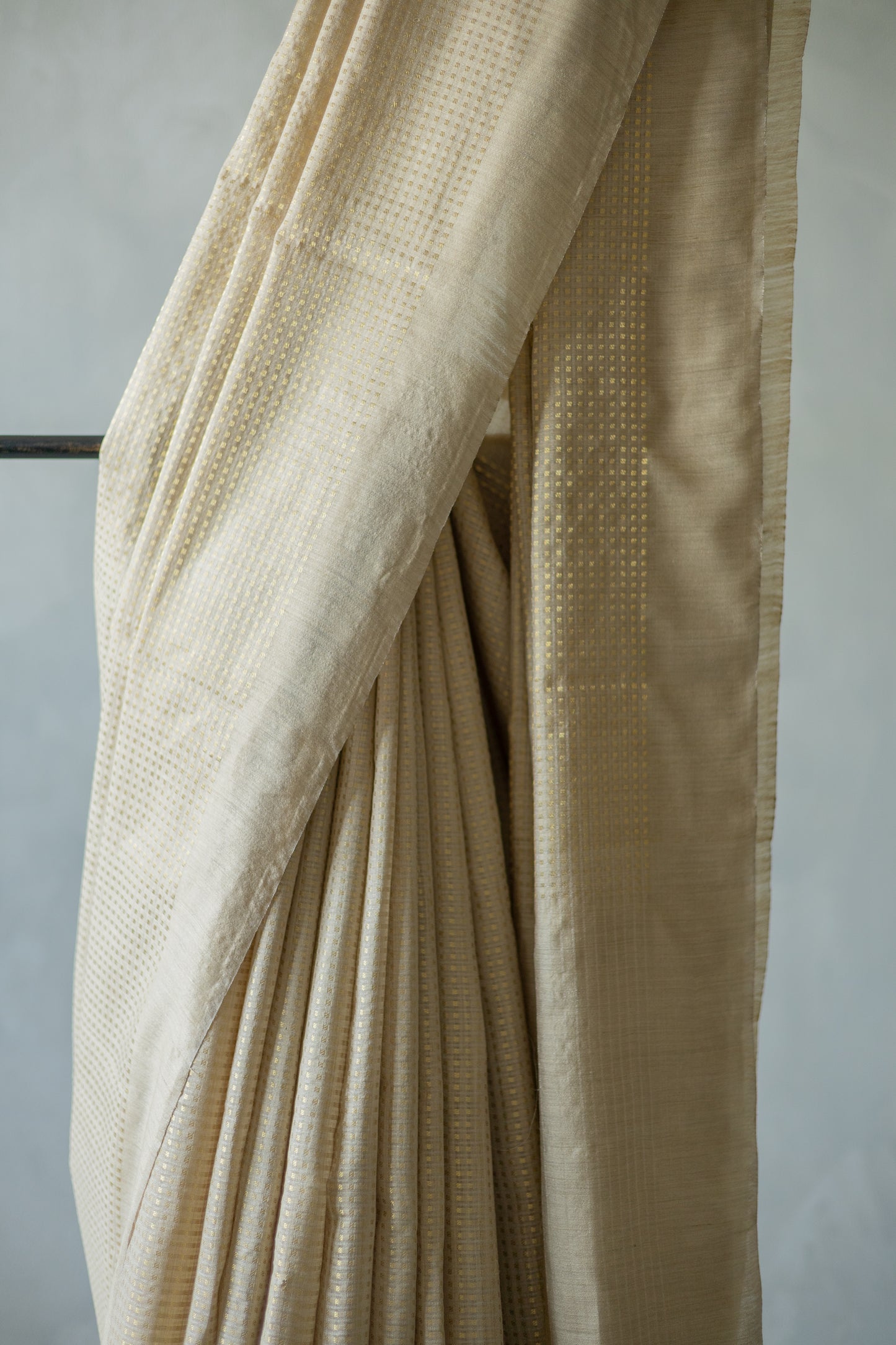 Light Brown Silk Cotton Handspun All Over Small Gold Checks Saree