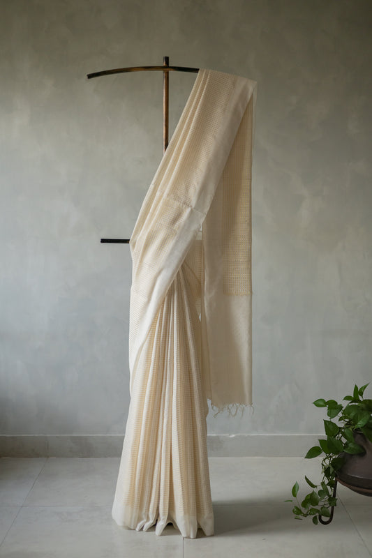 White Silk Cotton Handspun All Over Small Gold Checks Saree