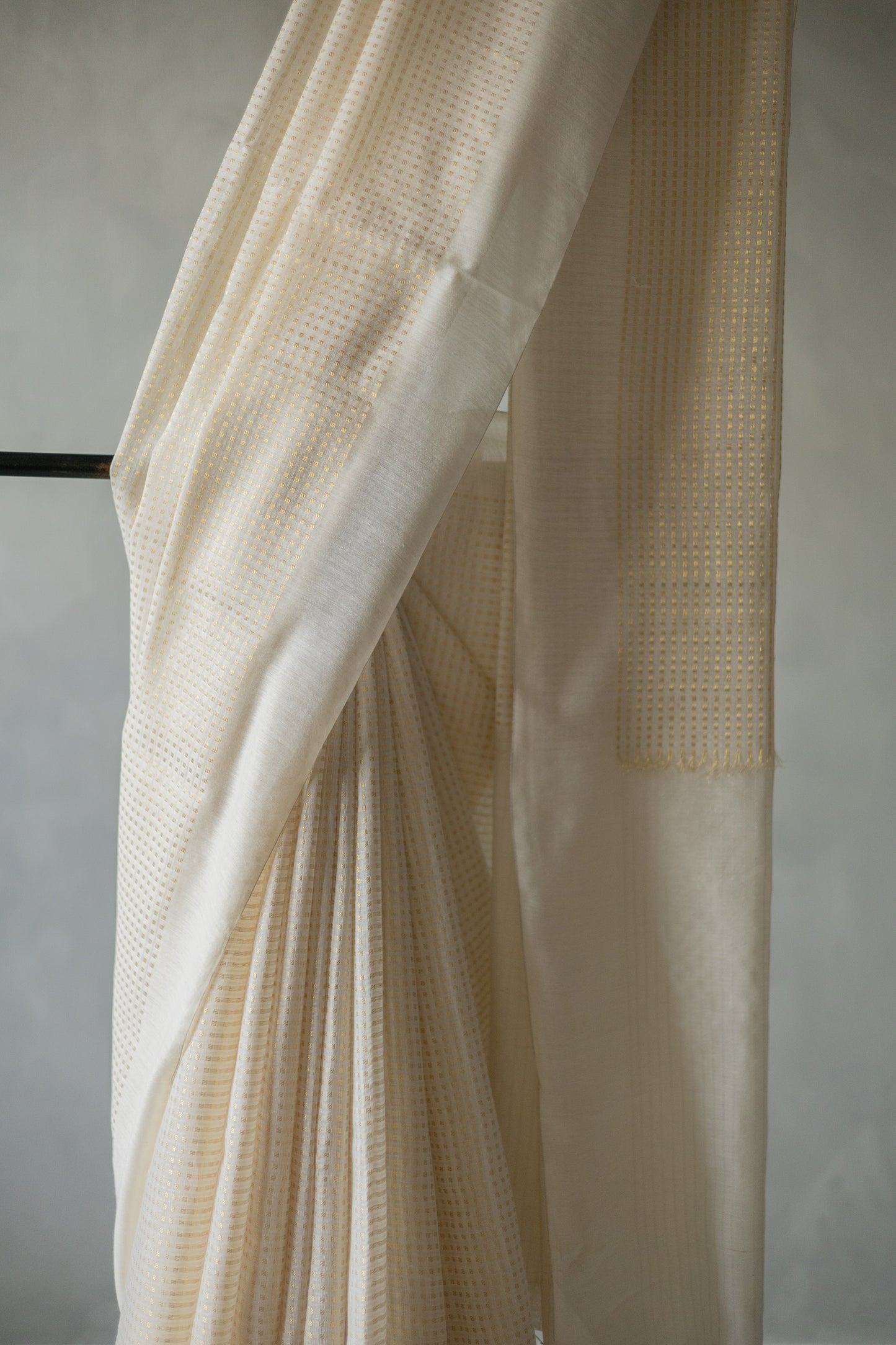 White Silk Cotton Handspun All Over Small Gold Checks Saree