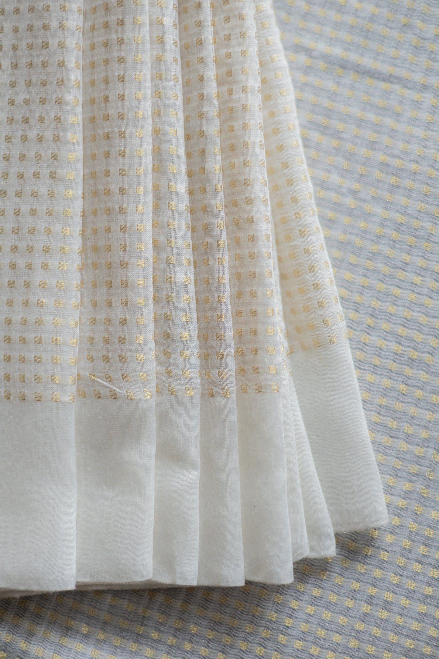 White Silk Cotton Handspun All Over Small Gold Checks Saree