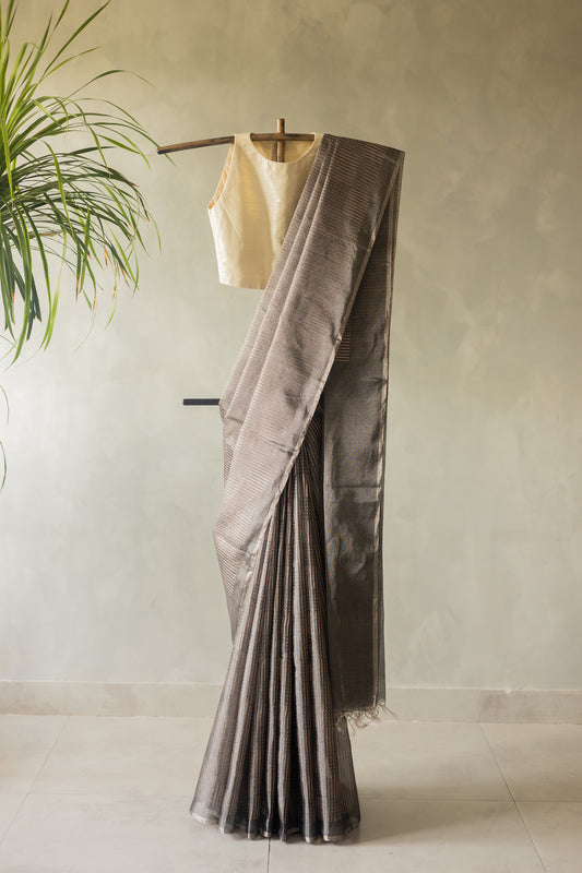 Grey All Over Khapa Dots and Lines Silk Cotton Saree