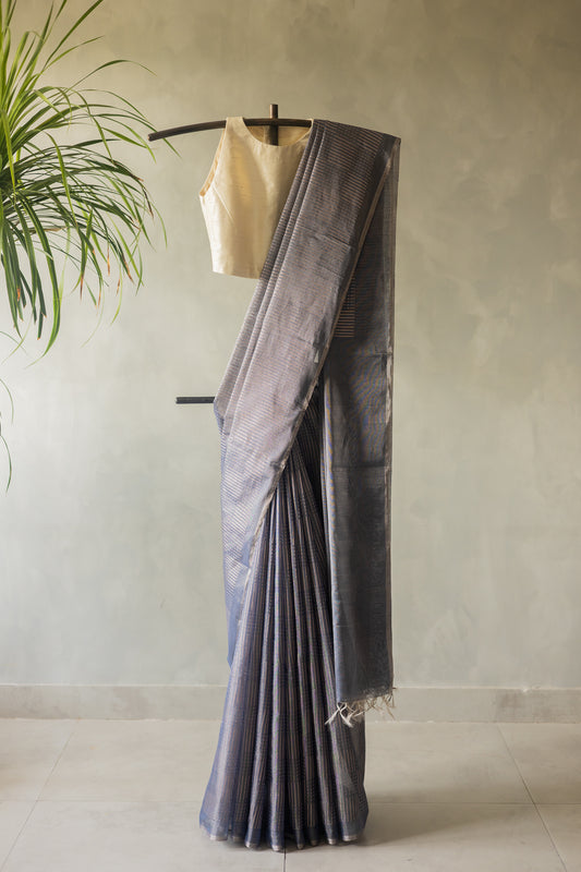 Blue All Over Khapa Dots and Lines Silk Cotton Saree