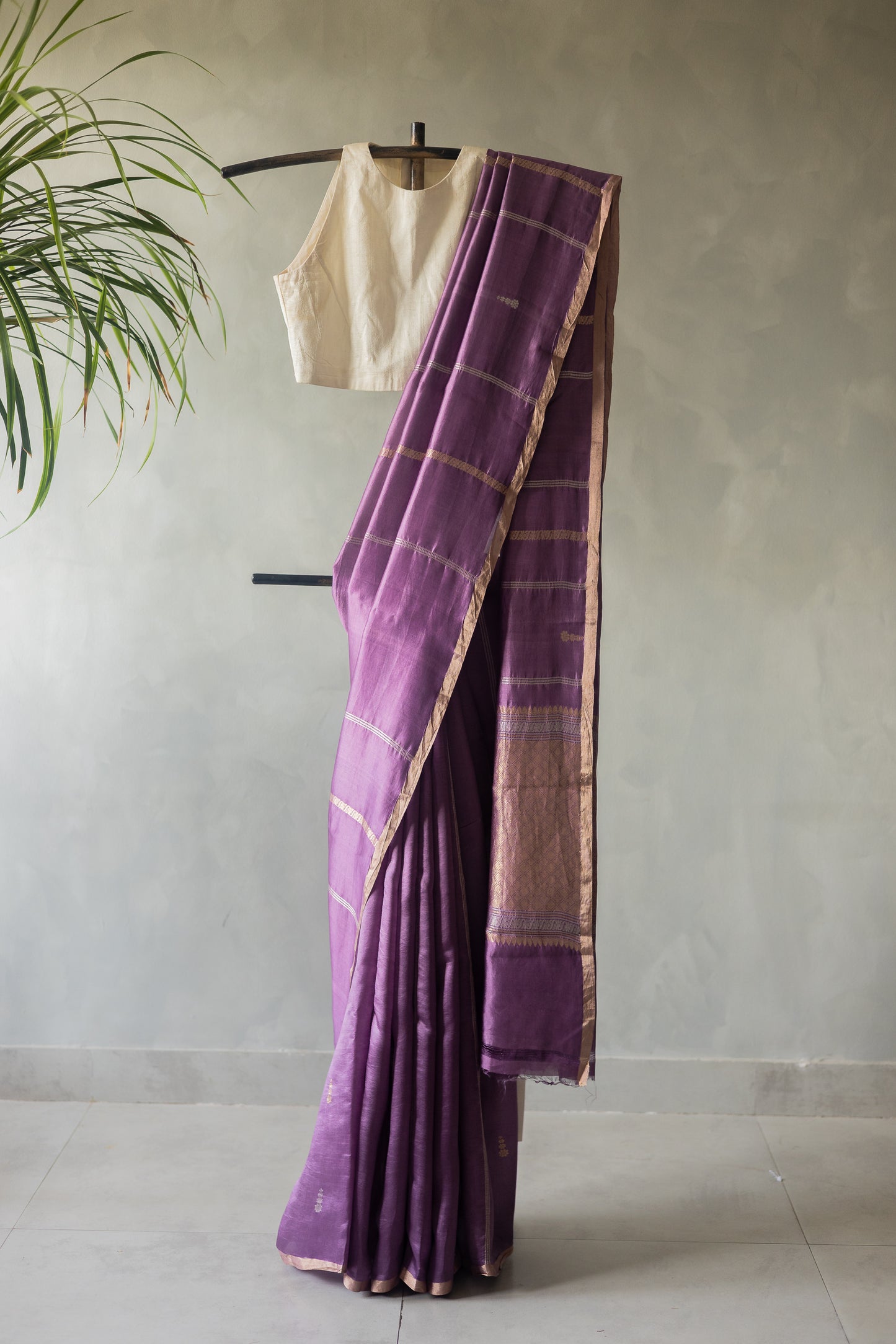 Purple Pure Chanderi Silk with Muted Olive Green Blouse Saree