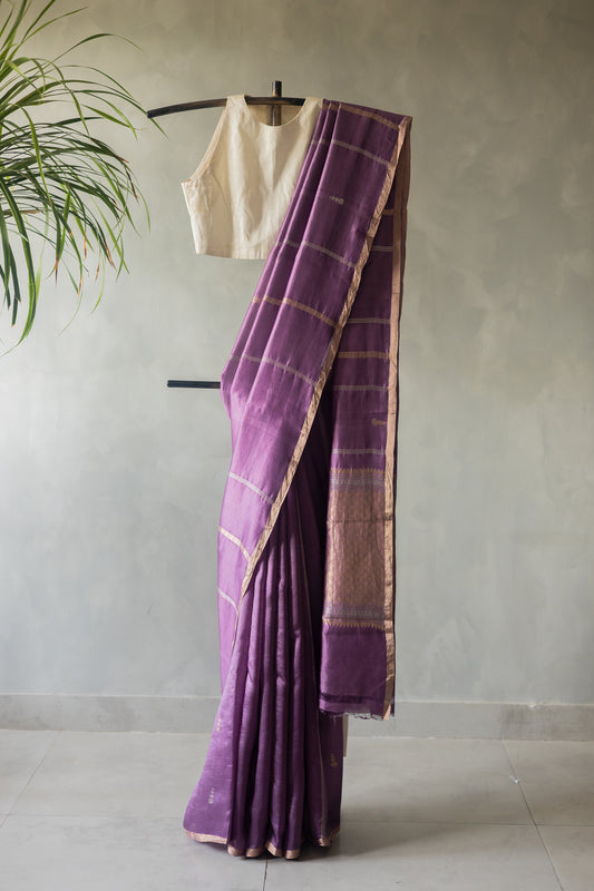 Purple Pure Chanderi Silk with Muted Olive Green Blouse Saree
