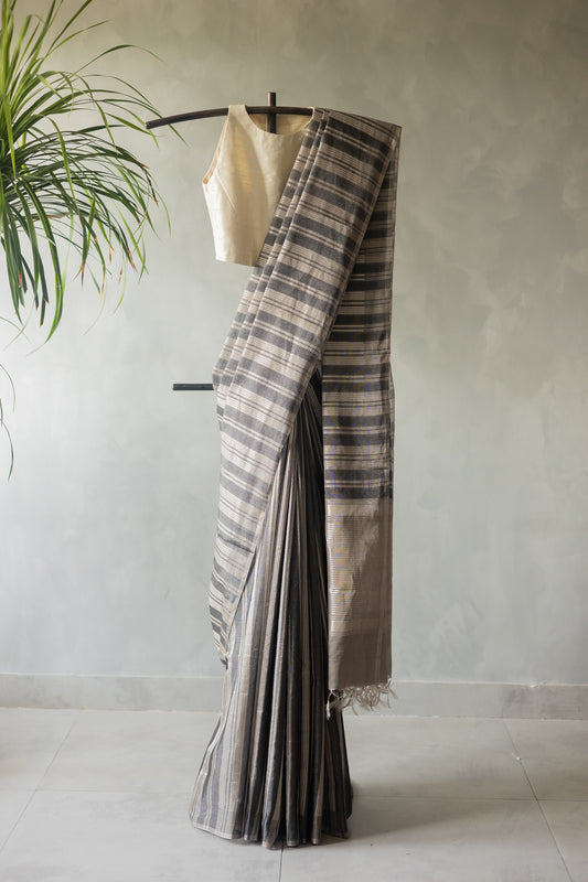 Grey Silk Cotton Tissue with Silver Khapa Stripes Saree