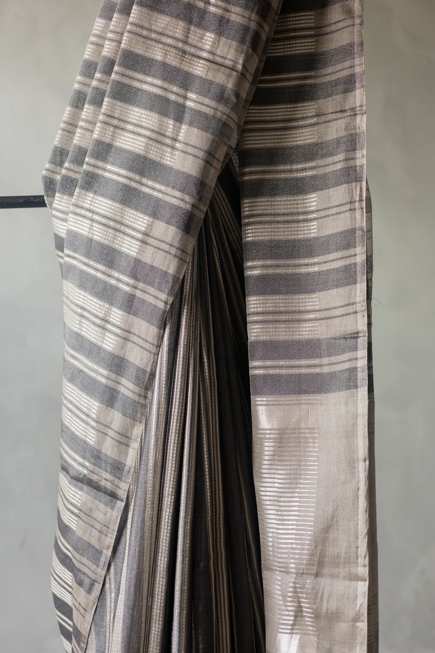 Grey Silk Cotton Tissue with Silver Khapa Stripes Saree