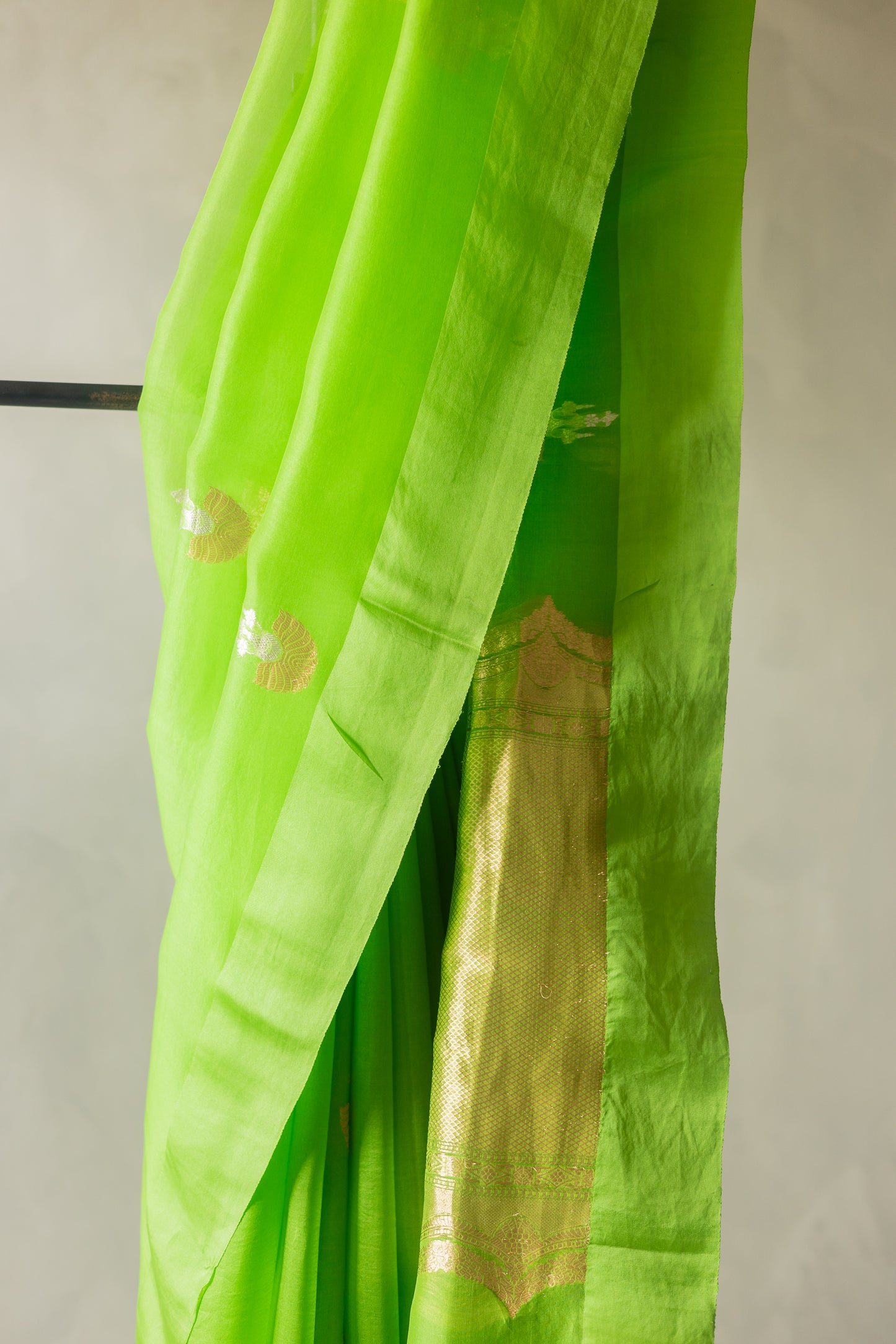 Bright Parrot Green Organza with Silk Border Saree