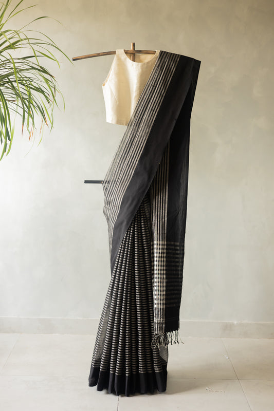 Black Silk by Mercerised Cotton with Silver Vertical Striped Saree
