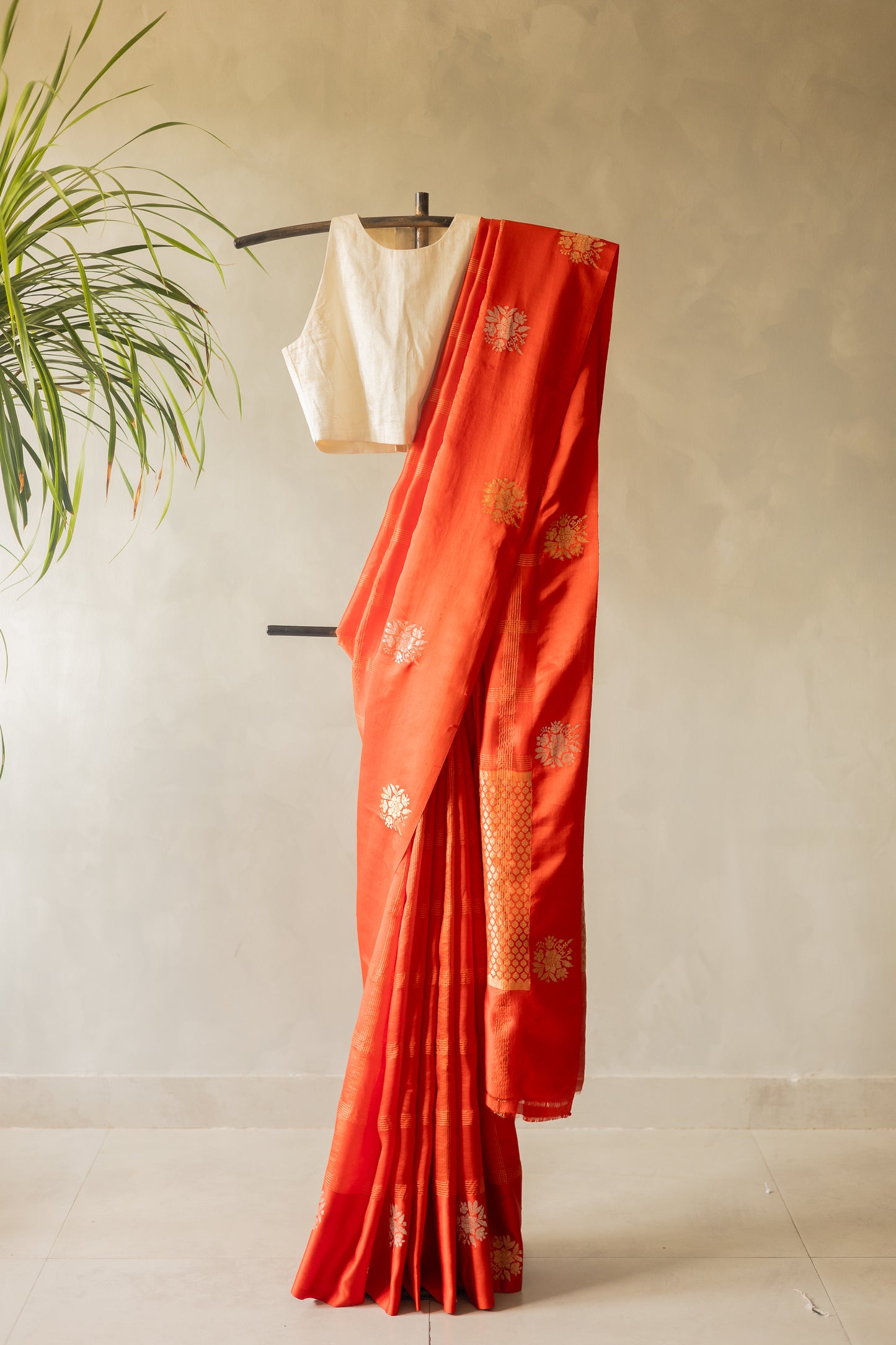 Bright Orange Pure Chanderi Silk Saree