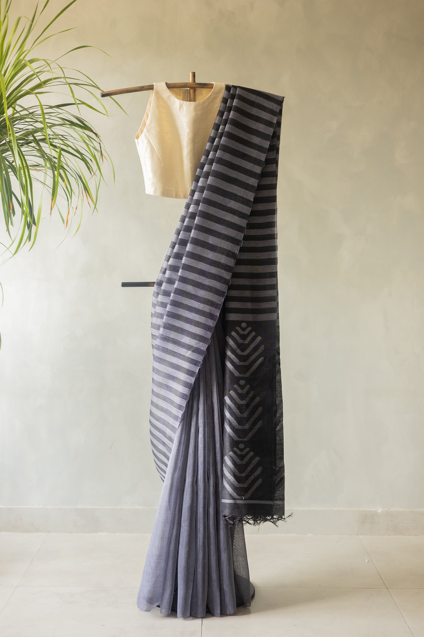 Black and Grey Striped Tussar Linen with Bengal Jala Pattern Pallu Saree