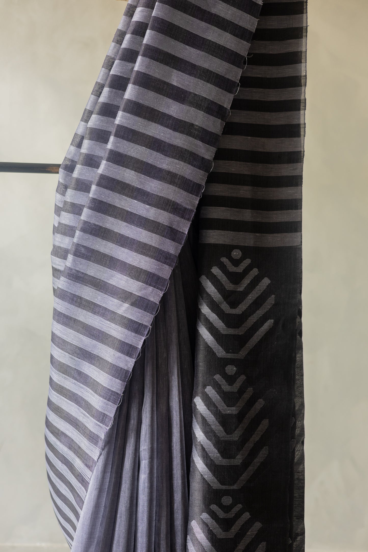 Black and Grey Striped Tussar Linen with Bengal Jala Pattern Pallu Saree