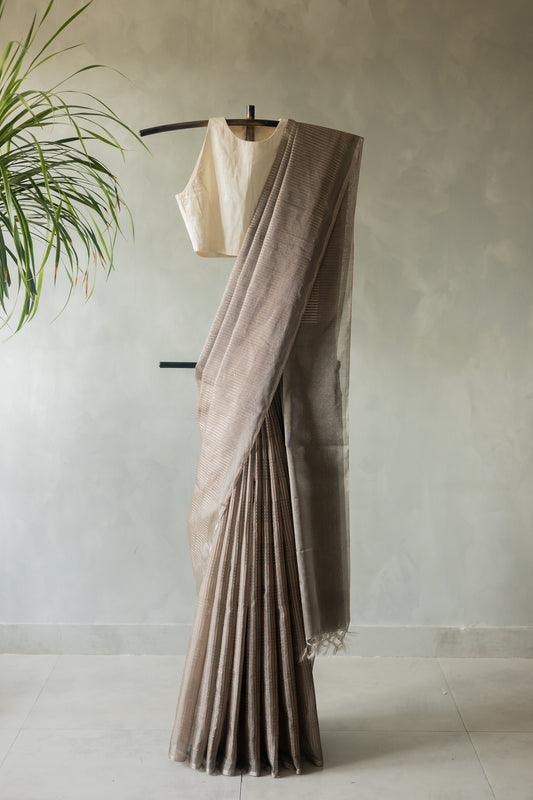 Brown All Over Khapa Dots and Lines Silk Cotton Saree