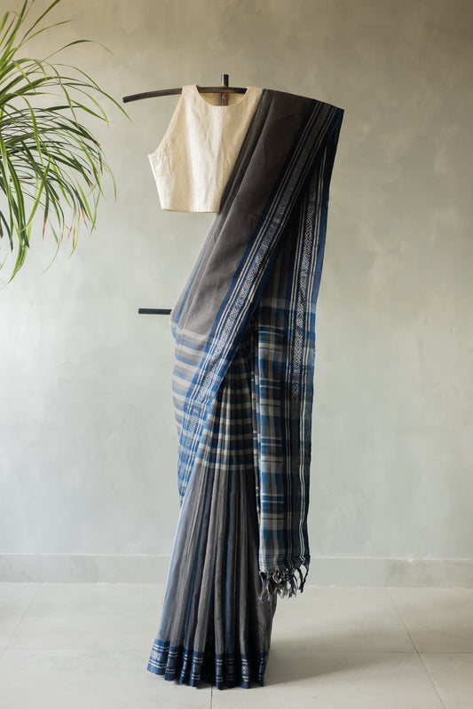 Grey Cotton with Blue Traditional Border Saree