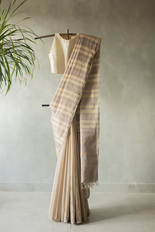 Beige Silk Cotton Tissue with Silver Khapa Stripes Saree